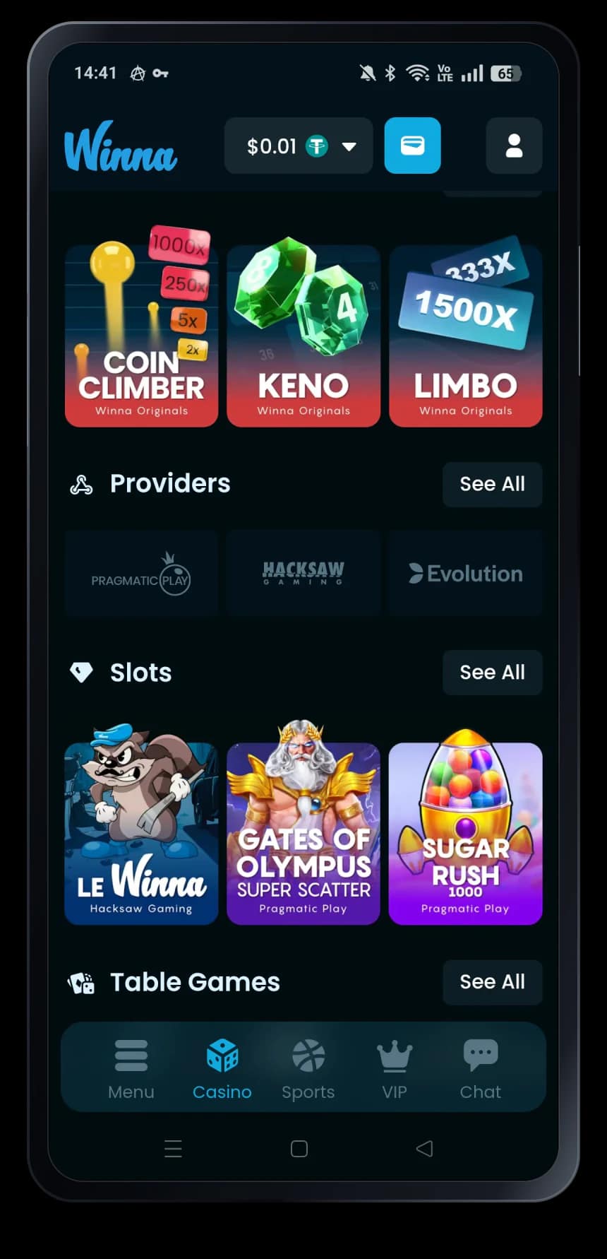 Winna mobile casino lobby