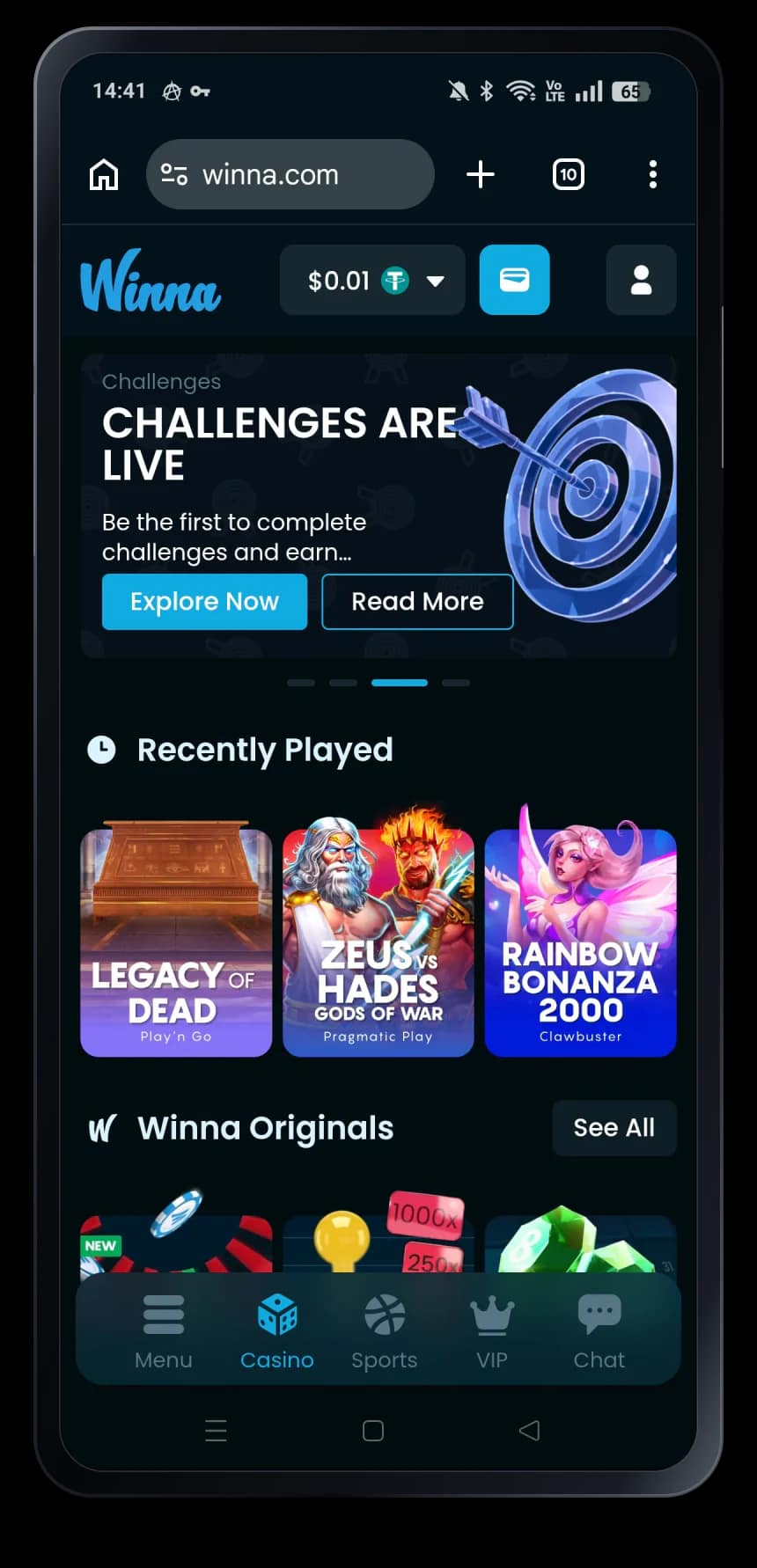 Winna mobile homepage